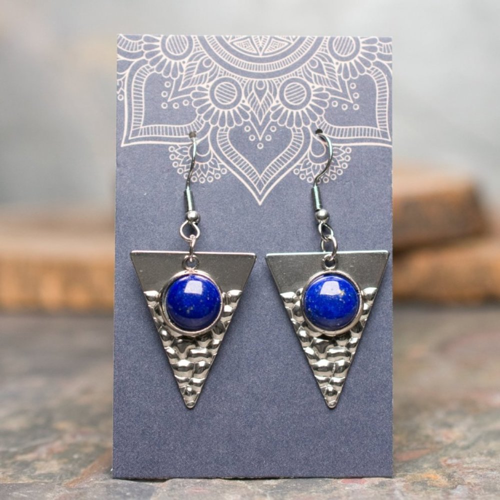 Lapis Lazuli Hammered Stainless Steel Earrings - Choose the pair you want